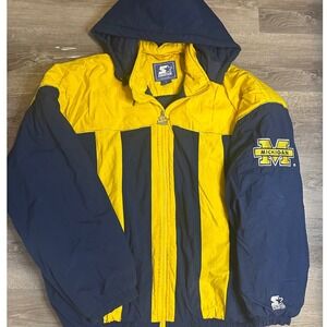 Starter Michigan Wolverines Football Jacket Mens XL Navy Yellow Full Zip Hooded